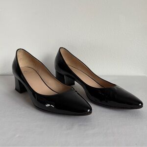Aquatalia Patent Leather Pumps Sz 7 Black Block Heel Pointed Toe Made in Italy